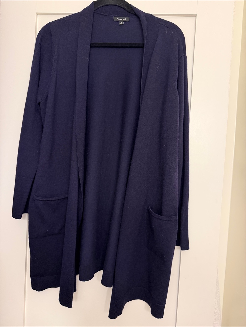 Navy Open-Front Long Cardigan with Pockets